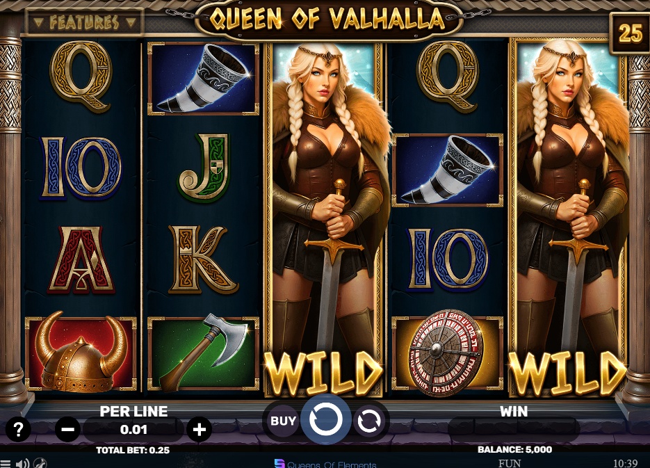 The base game screen of the Queen of Valhalla slot, showing the 5x3 reel layout and Viking-themed symbols.