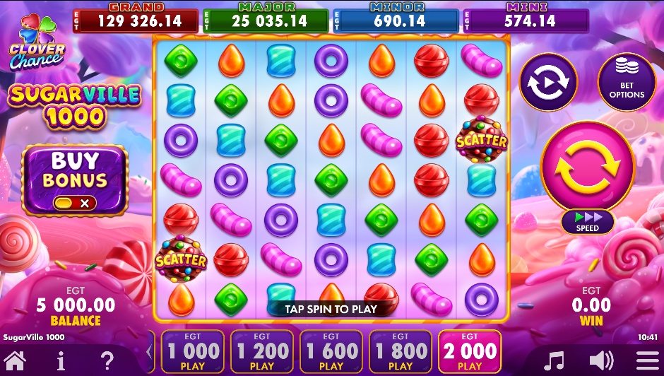 The main 7x7 game grid of the SugarVille 1000 slot, showing the candy symbols and game interface before a spin.