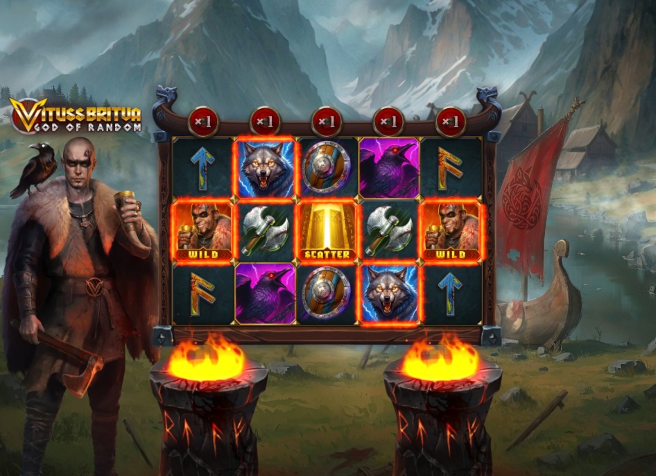 The main game screen of Vituss Britva God of Random slot, showing the 5x3 reel layout with the Viking character on the left.
