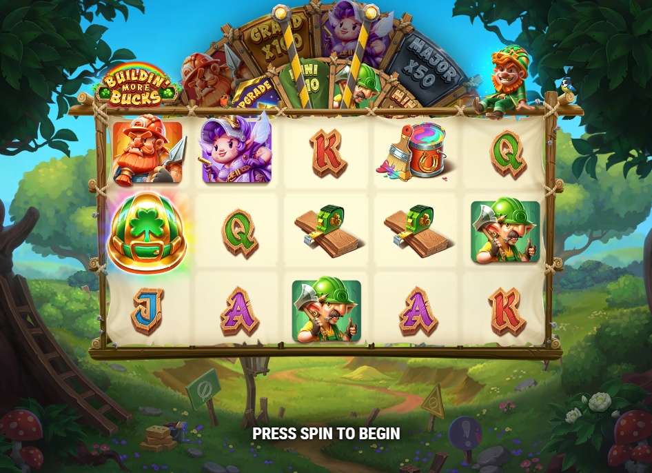 The main 5x3 game grid of the Buildin' More Bucks slot, showing the character and royal symbols before any features are active.