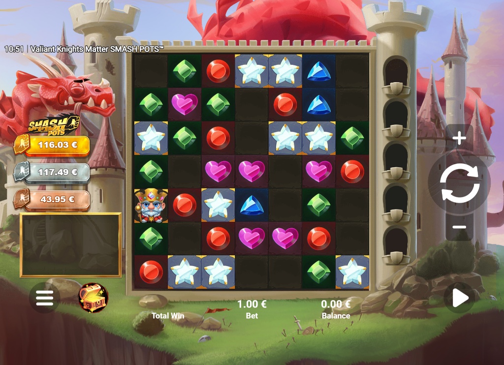The 7x7 game grid of the Valiant Knights Matter Smash Pots slot, showing the collector tower and various game symbols.