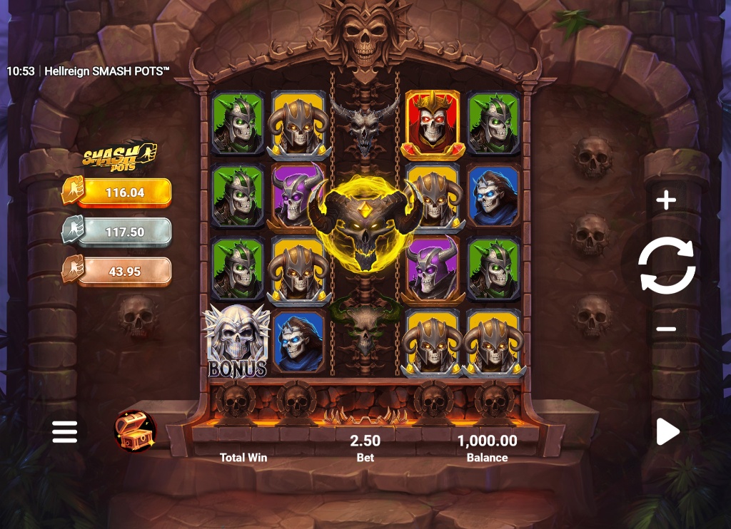 The 5x4 game grid of Hellreign Smash Pots, showcasing the demonic warrior symbols and the dark, skull-filled background.