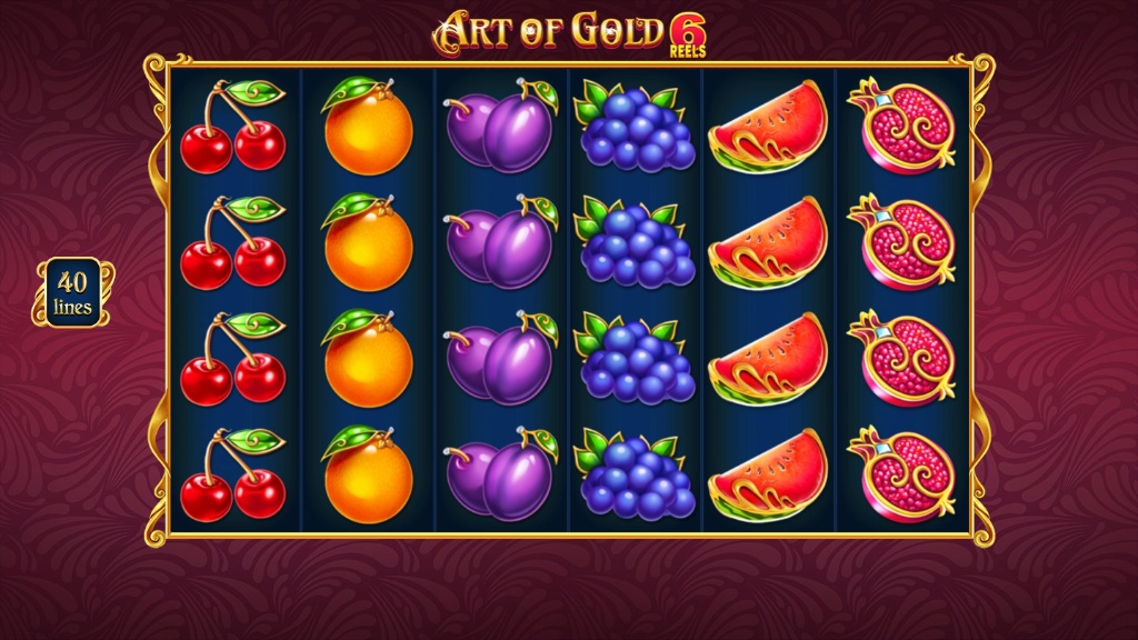 The 6x4 reel layout of the Art of Gold 6 Reels slot, showcasing the classic fruit symbols and 40 paylines during regular gameplay.