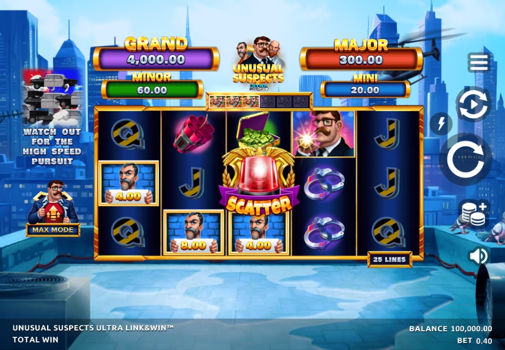 The base game screen of Unusual Suspects Ultra Link&Win, showing the 5x4 reel layout set against a city skyline.