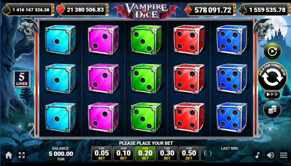 The base game screen of the Vampire Dice slot, showing the 5x3 reel layout against a gothic castle backdrop.