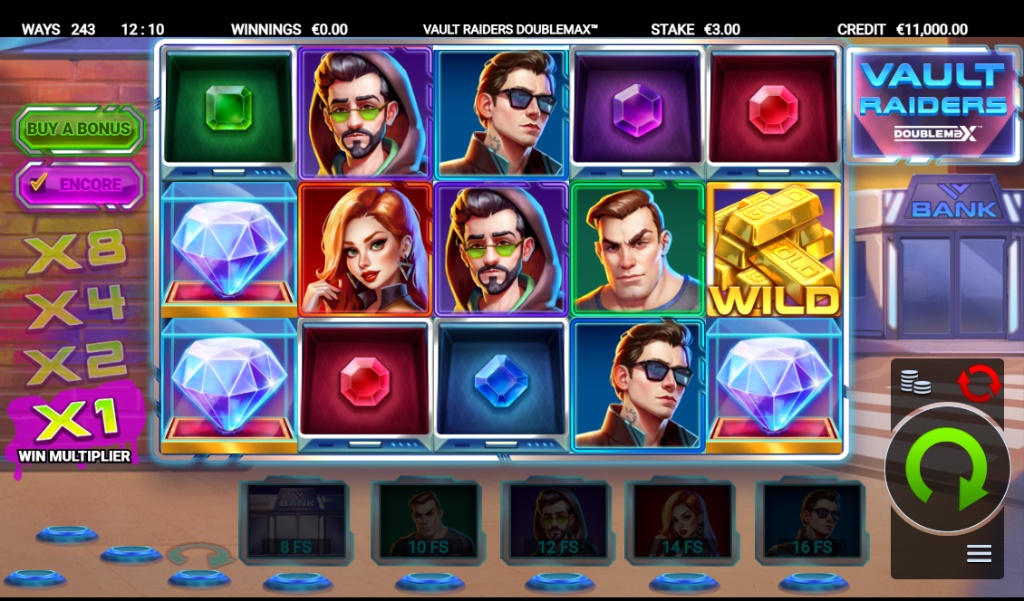 The main game screen of Vault Raiders DoubleMax, showing the 5x3 reel layout, the four crew member symbols, and the Free Spins trail on the left.
