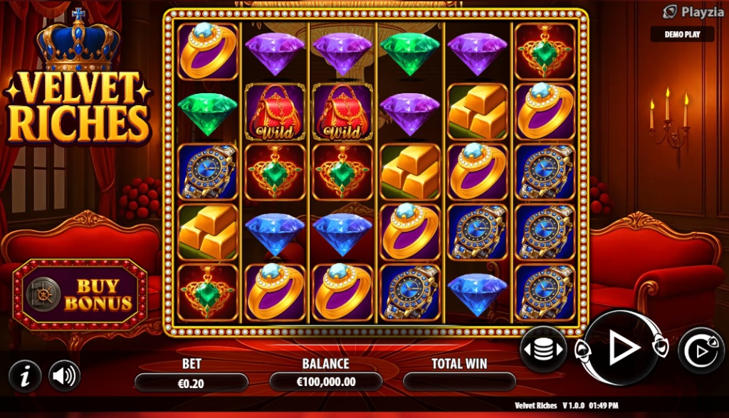 The main 5x5 game grid of the Velvet Riches slot, displaying various jewel and luxury-themed symbols before a spin.