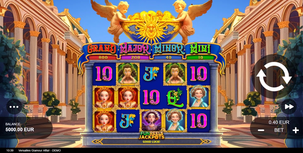 The main 5x3 game grid of the Versailles Glamour Affair slot, showing the royal palace background and character symbols.