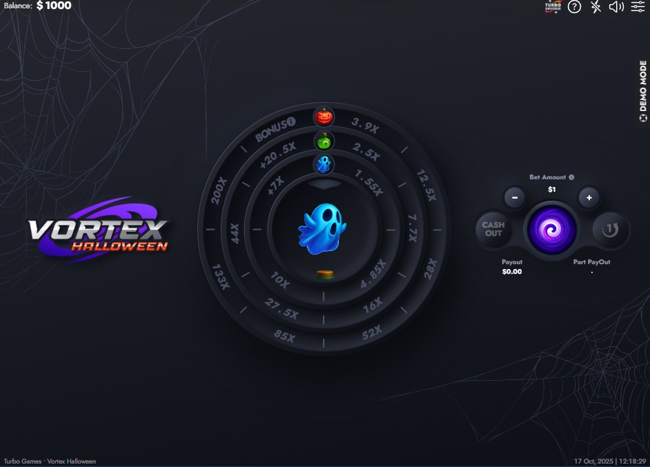 The main game screen of the Vortex Halloween demo, showing the central multiplier vortex and the ghost character.