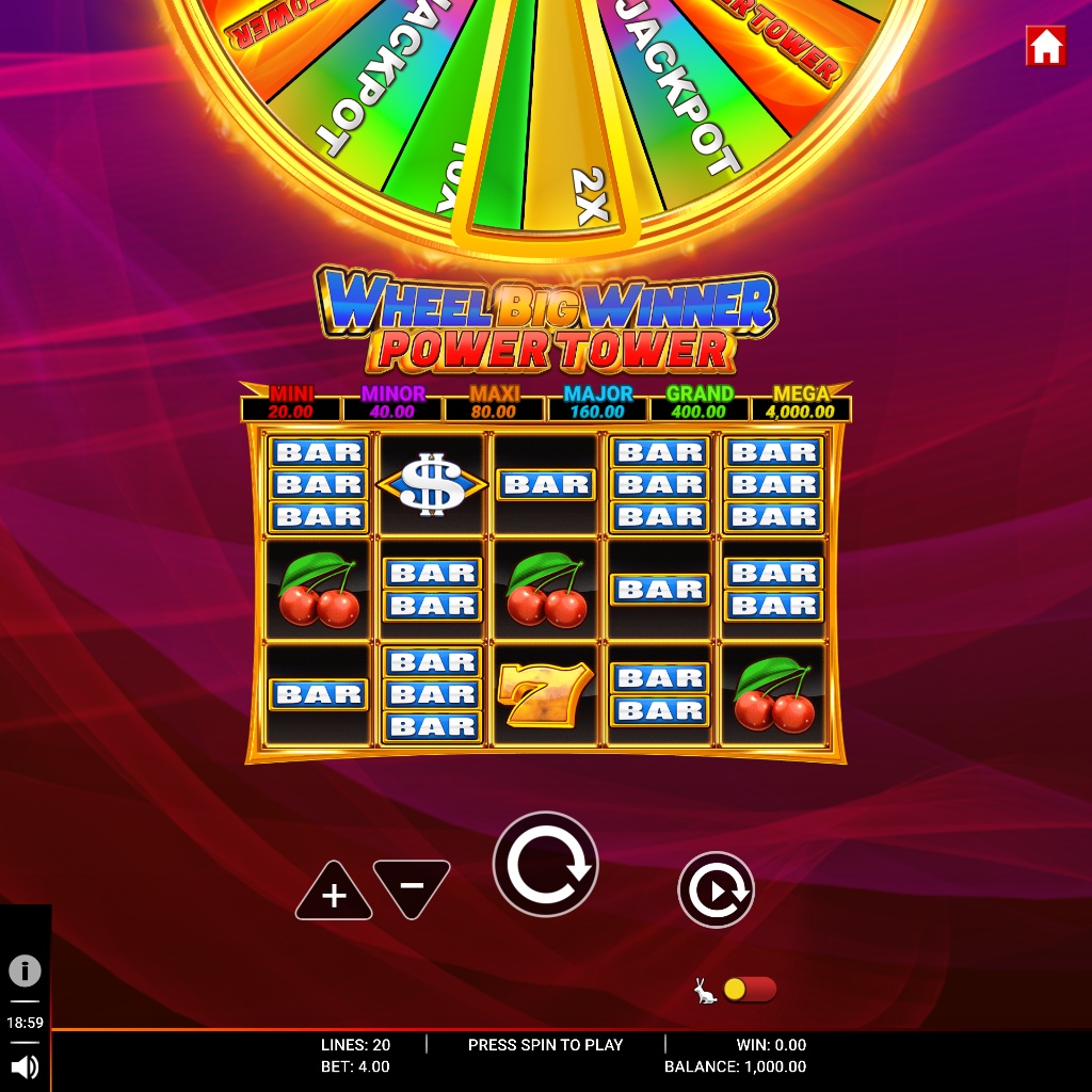 The 5x3 reel layout of the Wheel Big Winner Power Tower slot, showing classic symbols and the jackpot meters above.