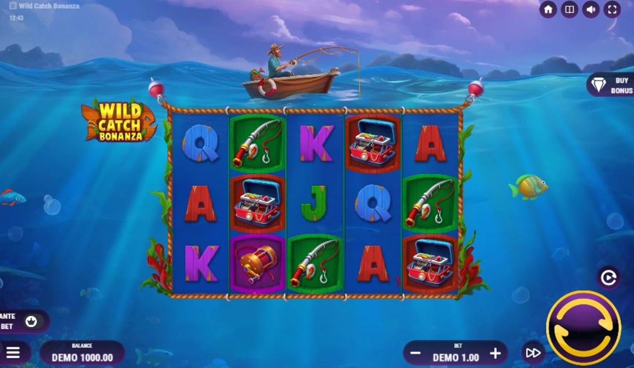 The main 5x3 game grid of Wild Catch Bonanza, showing the underwater theme and fishing symbols.