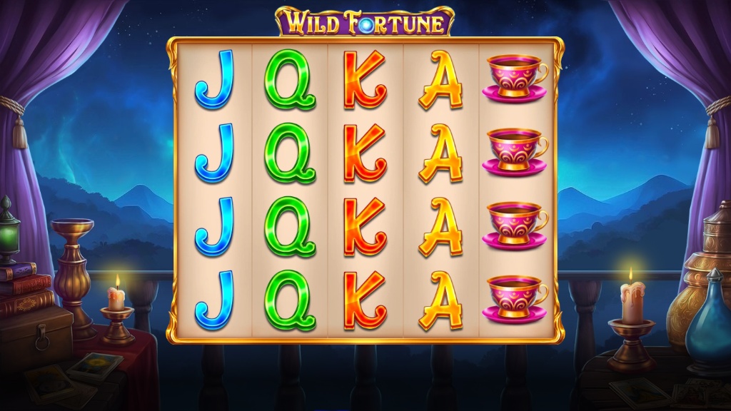 The main 5x4 game screen of the Wild Fortune slot, displaying mystic symbols on a balcony at night.