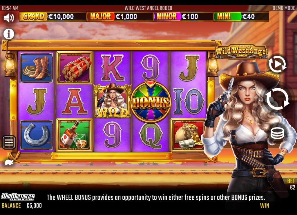 The main 5x3 game grid of the Wild West Angel Rodeo slot, showing the angel character and Wild West symbols.