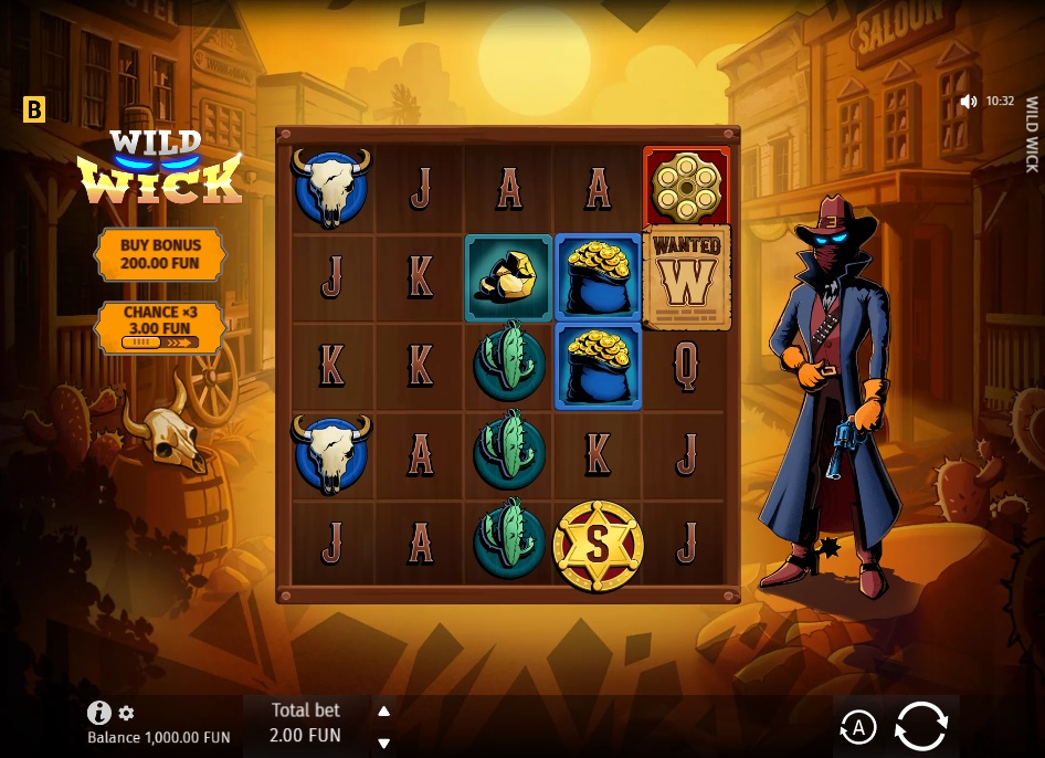 The 5x5 game grid of the Wild Wick slot, set in a dusty Wild West town with the main outlaw character watching over the reels.