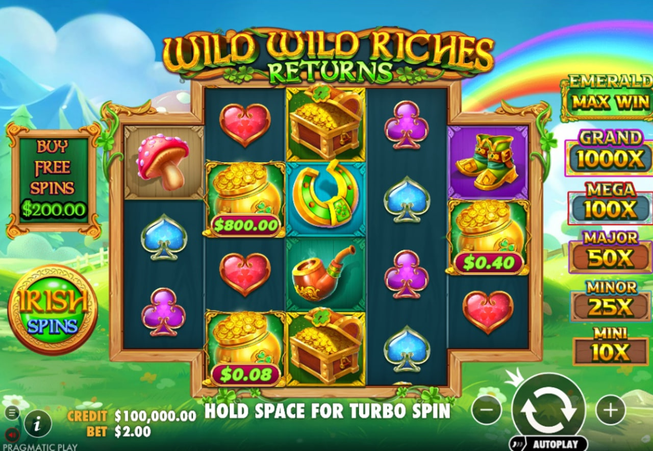 The main game interface of the Wild Wild Riches Returns slot, showing the 5-reel grid and vibrant Irish theme.