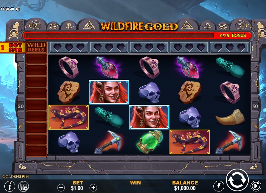 The base game grid of the Wildfire Gold slot, showing the 5x4 layout and Demoness theme.