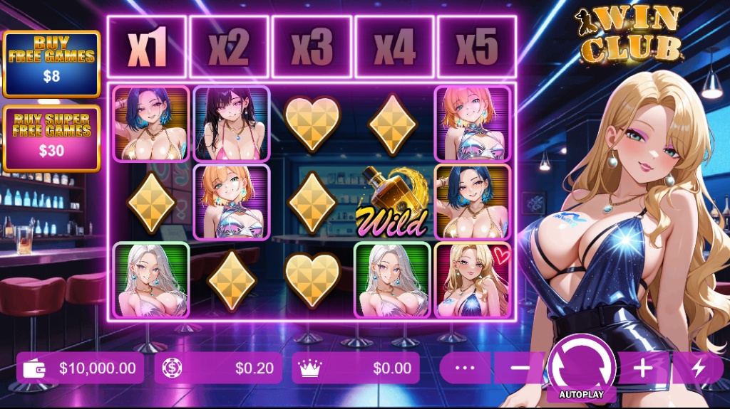 The 5x3 game grid of the Win Club slot demo, featuring the anime-style character symbols against a neon nightclub backdrop.