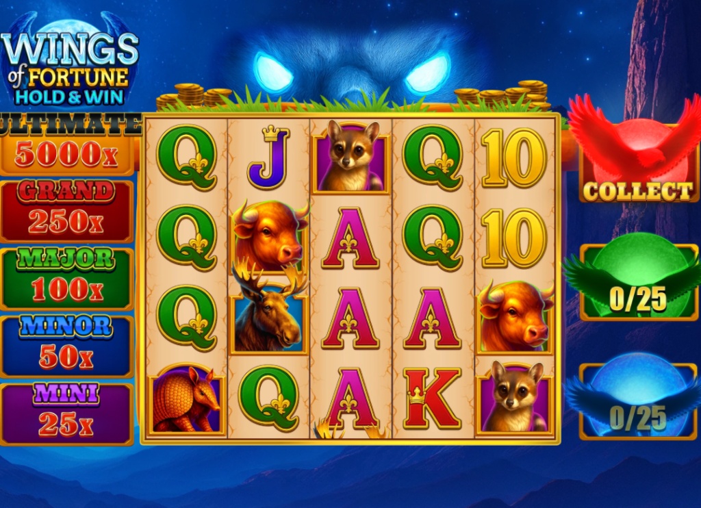 The base game screen of the Wings of Fortune slot, showing the 5x4 reel layout and jackpot values.