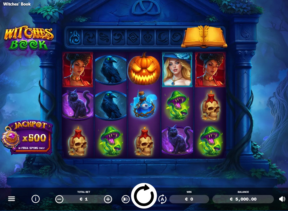 The main 5x4 game grid of the Witches' Book slot, displaying the magical symbols and the scatter collection meter above the reels.