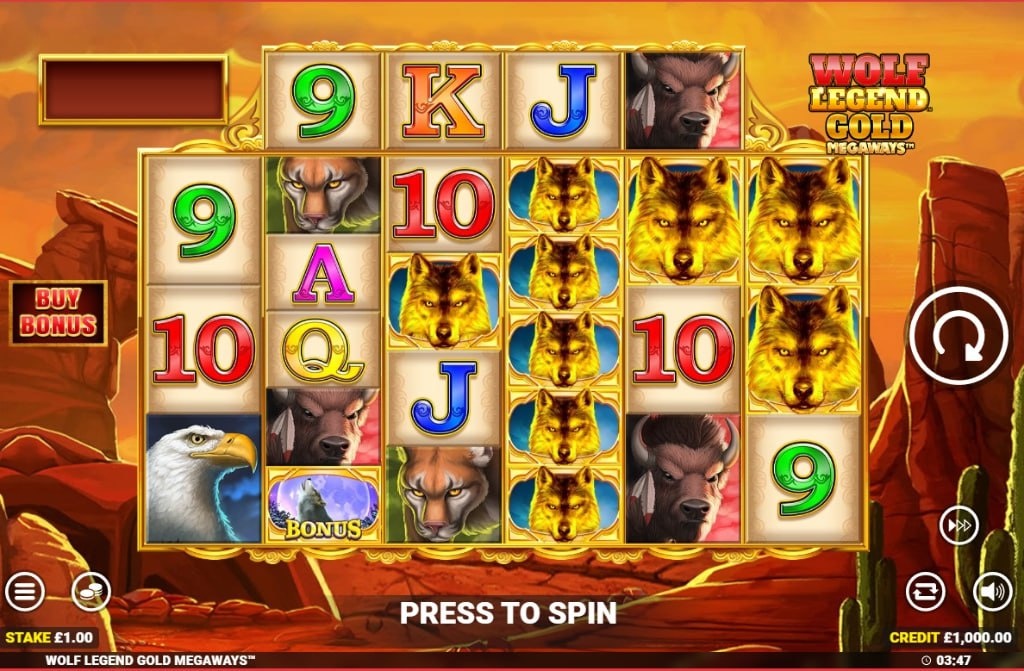 The main game grid of the Wolf Legend Gold Megaways slot, featuring wildlife symbols on the reels.