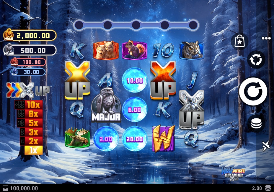The main game screen of the Wolf Prime Diamond X UP slot, showing the 5x4 reel layout and the X UP multiplier trail on the left.