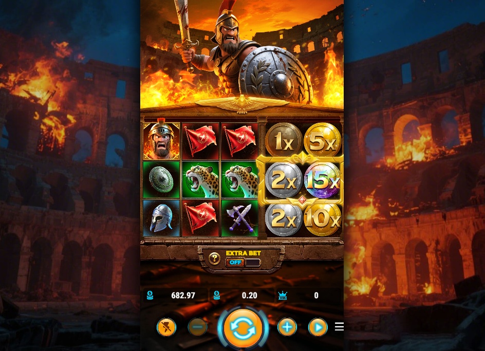 The main game screen of the Wonders of Colosseum slot, showing the 5x3 reel layout against a backdrop of a burning Roman Colosseum.