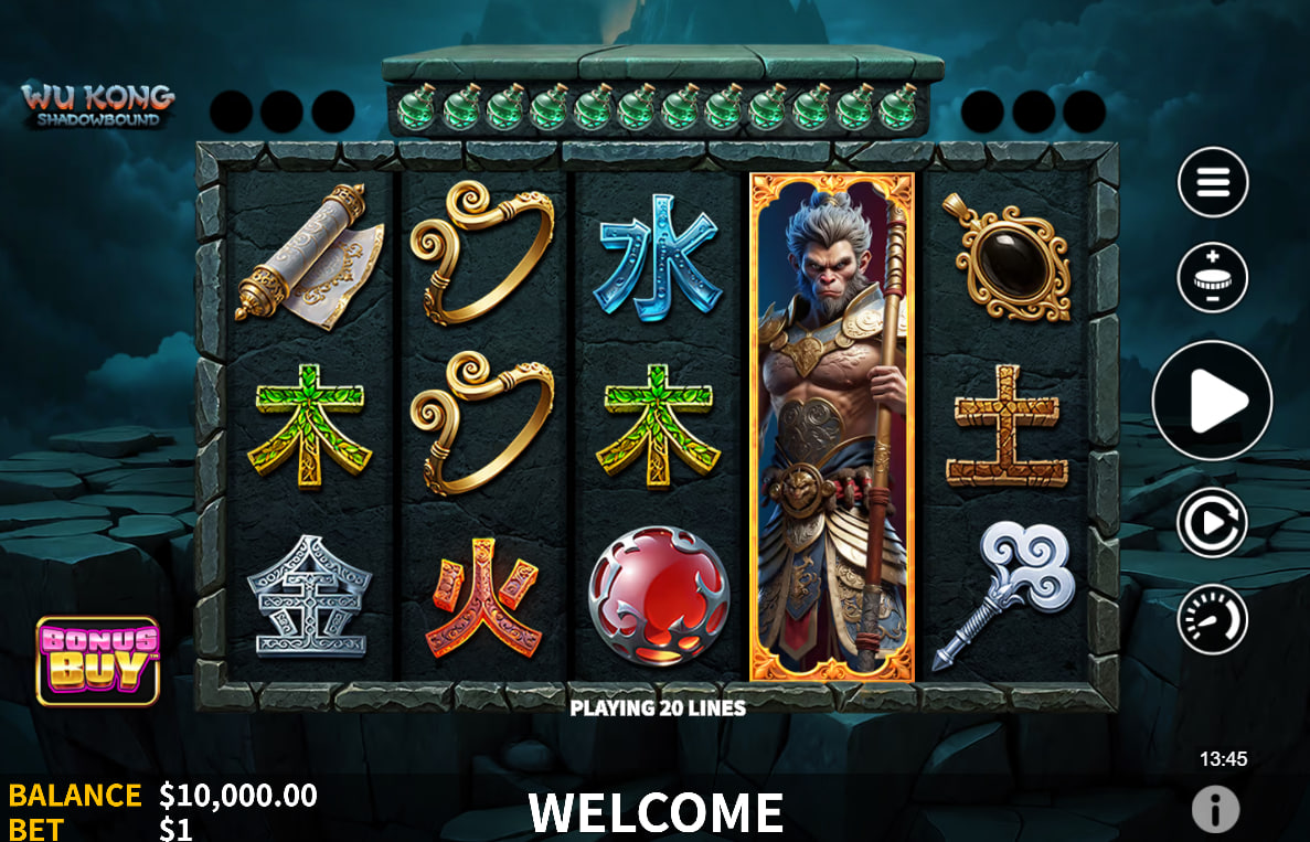 The Wu Kong Shadowbound slot base game showing the 5x4 grid and the Elixirs of Life meter at the top