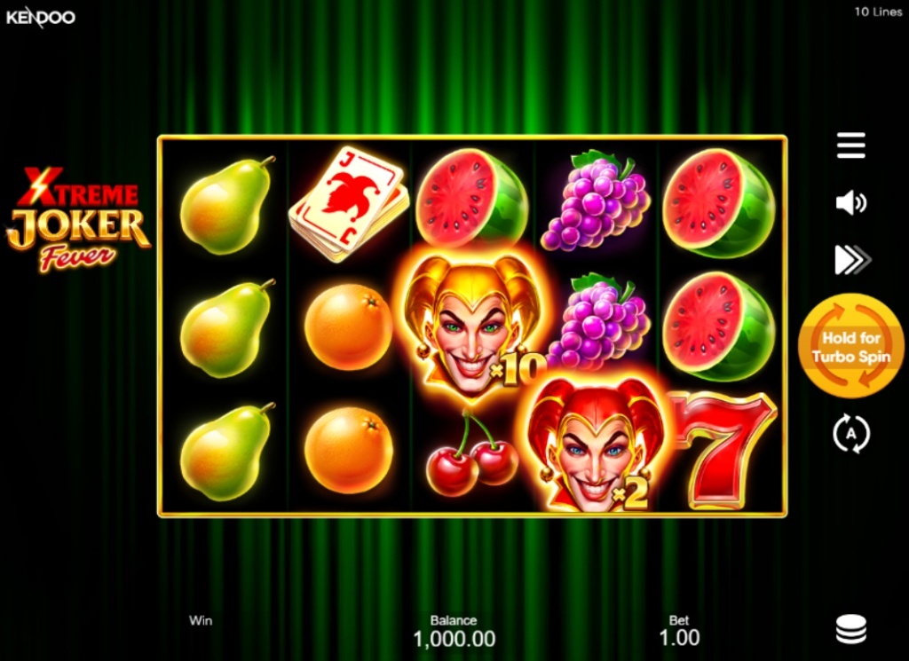 Xtreme Joker Fever demo base game screen showing the 5x3 reel layout and classic fruit symbols.