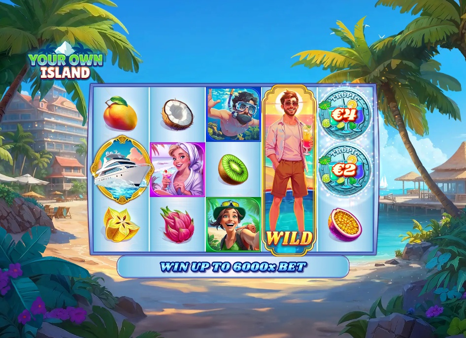 The main game screen of Your Own Island slot, showing the 5x4 reel layout against a tropical beach backdrop.