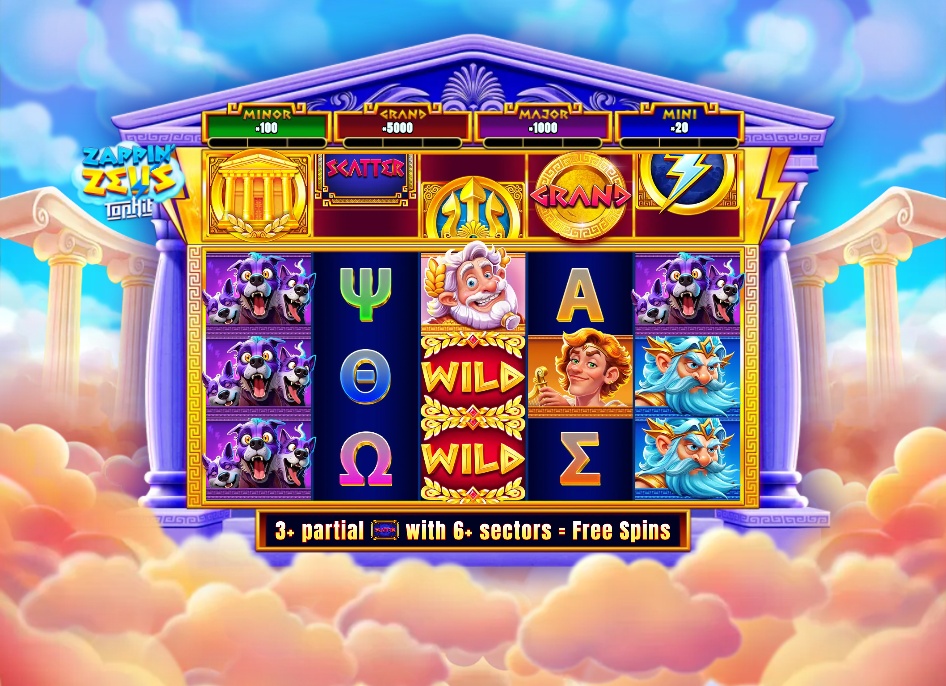 The main game grid of Zappin' Zeus TopHit, showcasing the 5x3 reels and the special 5x1 TopHit reel above.