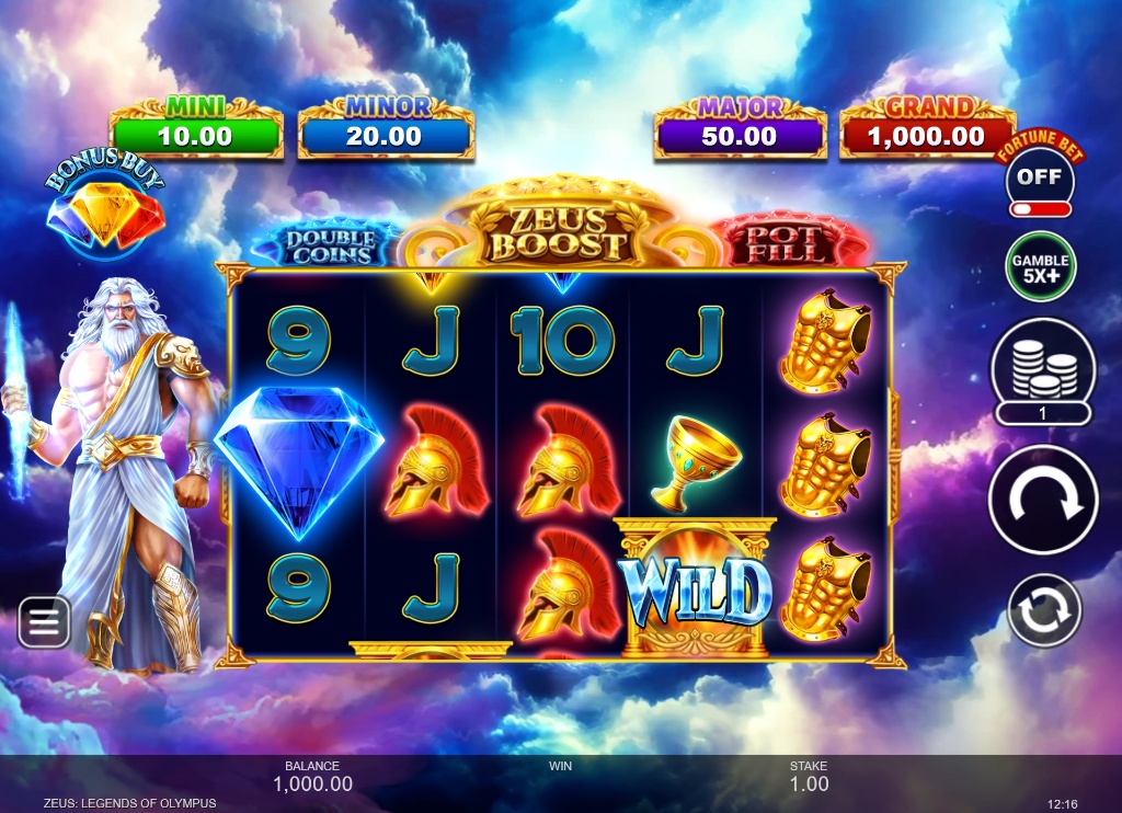 The 5x3 reel layout of the Zeus: Legends of Olympus slot, showing Zeus, helmet, and other mythological symbols during base gameplay.