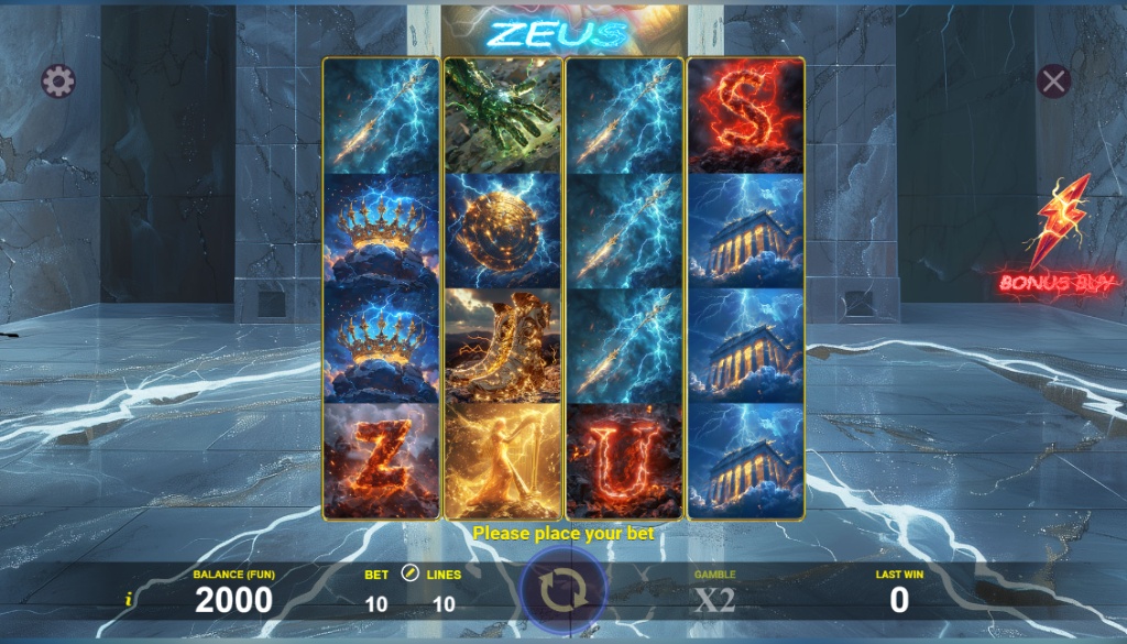 The main game screen of the Zeus slot, showing the 4x4 reel layout against a stormy marble backdrop.