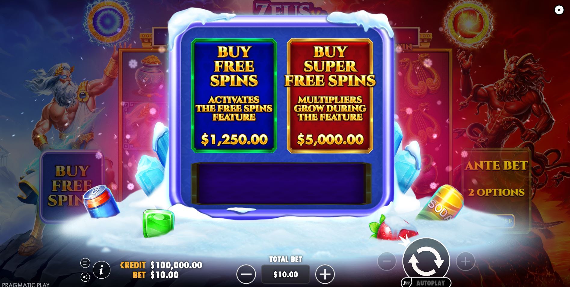 The bonus buy menu for Zeus vs Typhon, displaying the options to purchase standard Free Spins or the more expensive Super Free Spins.