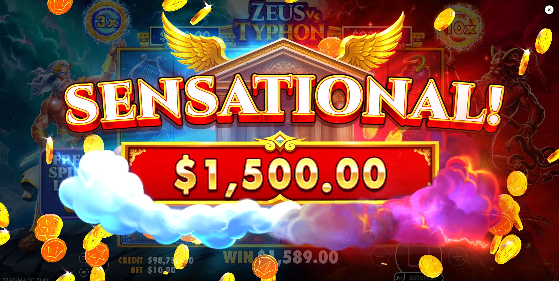  An incredible max win screen of 10,000 times the bet on the Zeus vs Typhon slot game by Pragmatic Play.