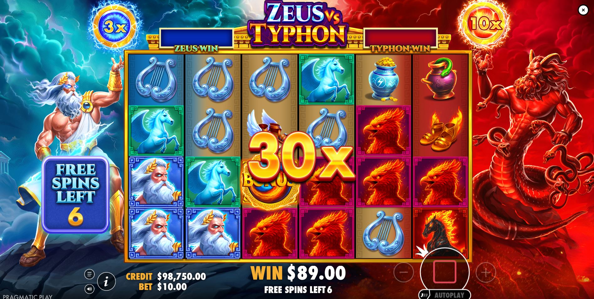 The Free Spins bonus round in Zeus vs Typhon, with large multipliers shown above both sides of the reels and an active win on the screen.