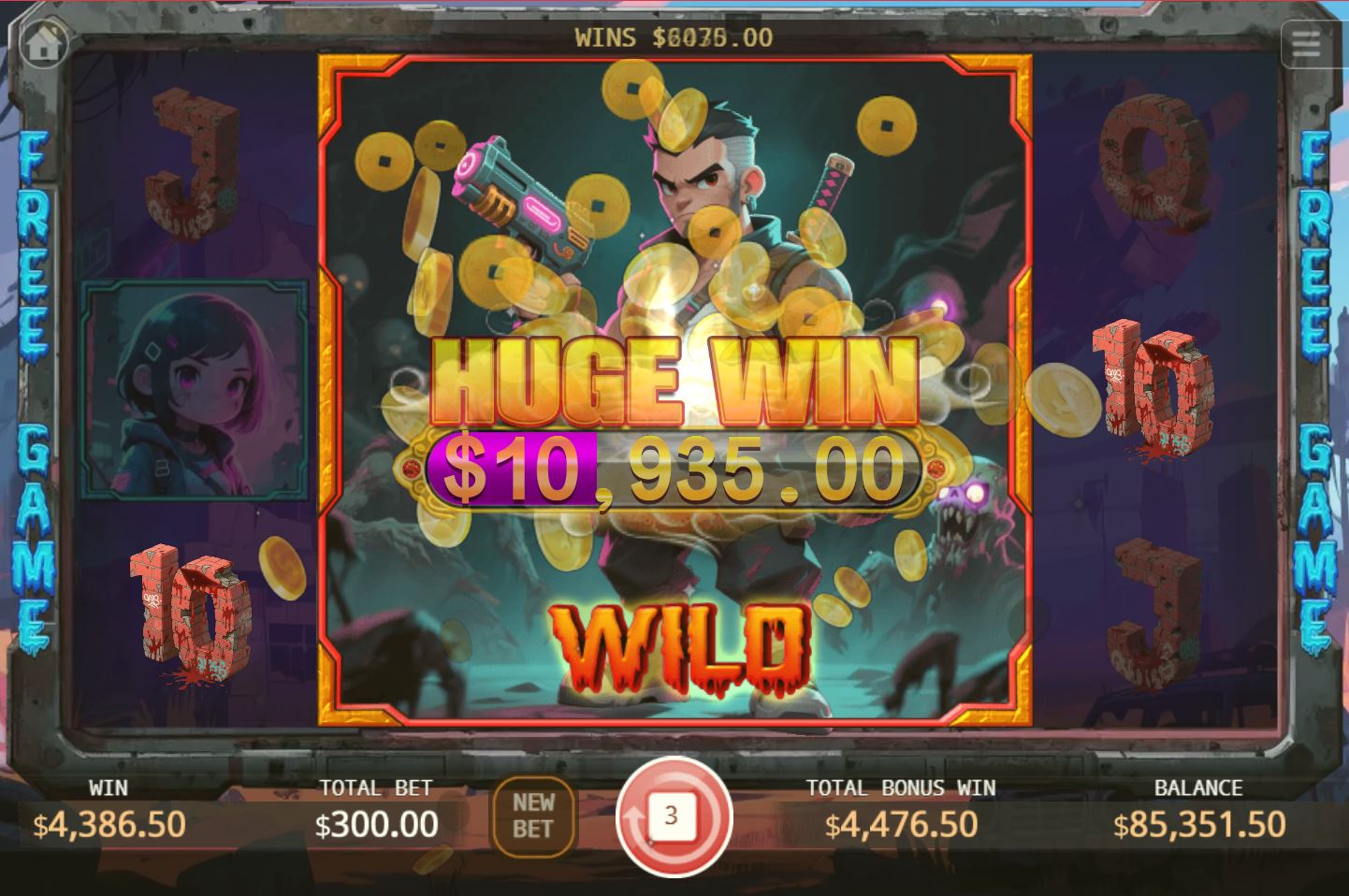 A large win notification displayed on screen after a successful spin with the Mega-Reel in Zombie Siege.