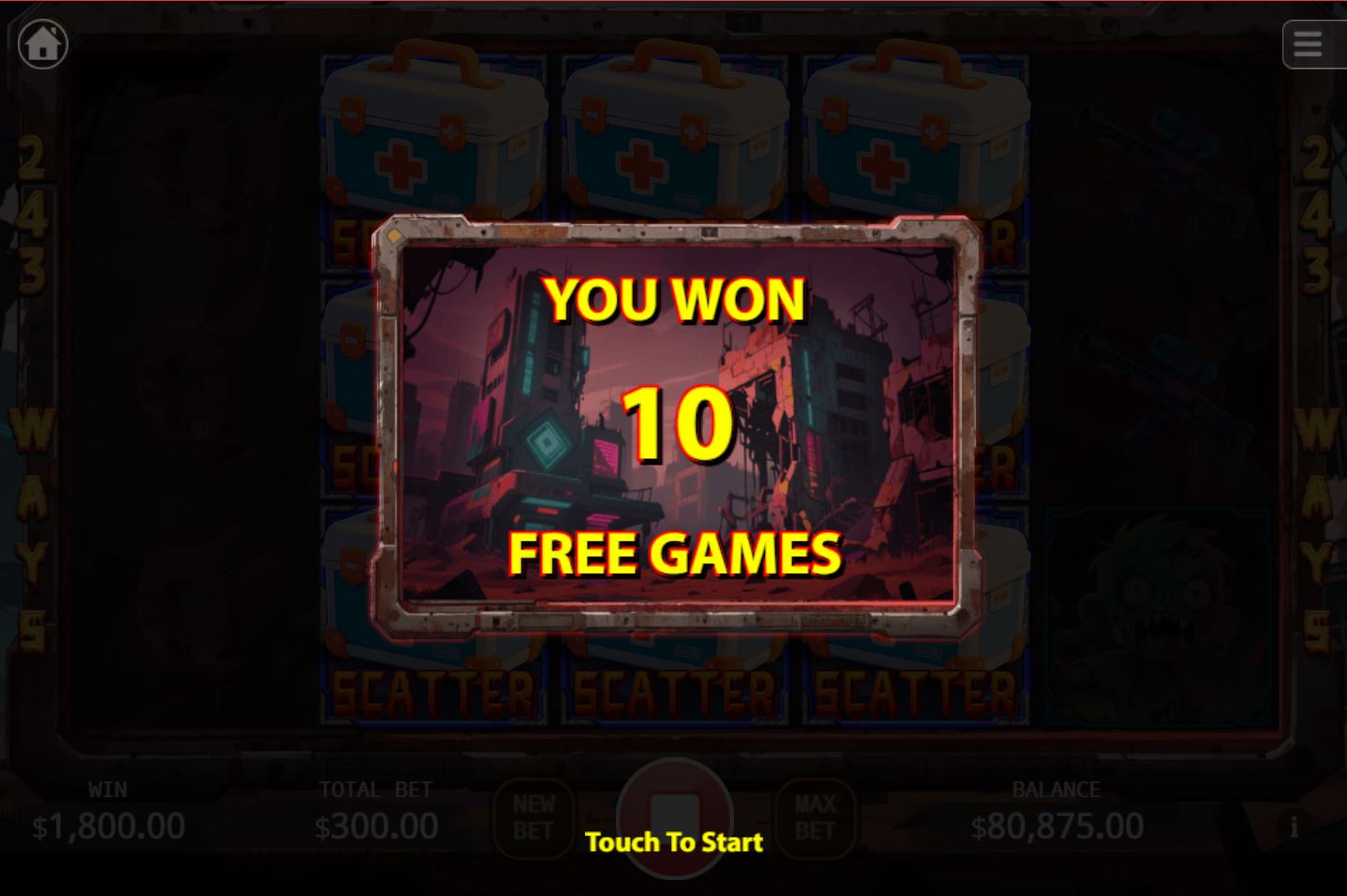 The screen announcing that 10 free games have been won in the Zombie Siege slot.