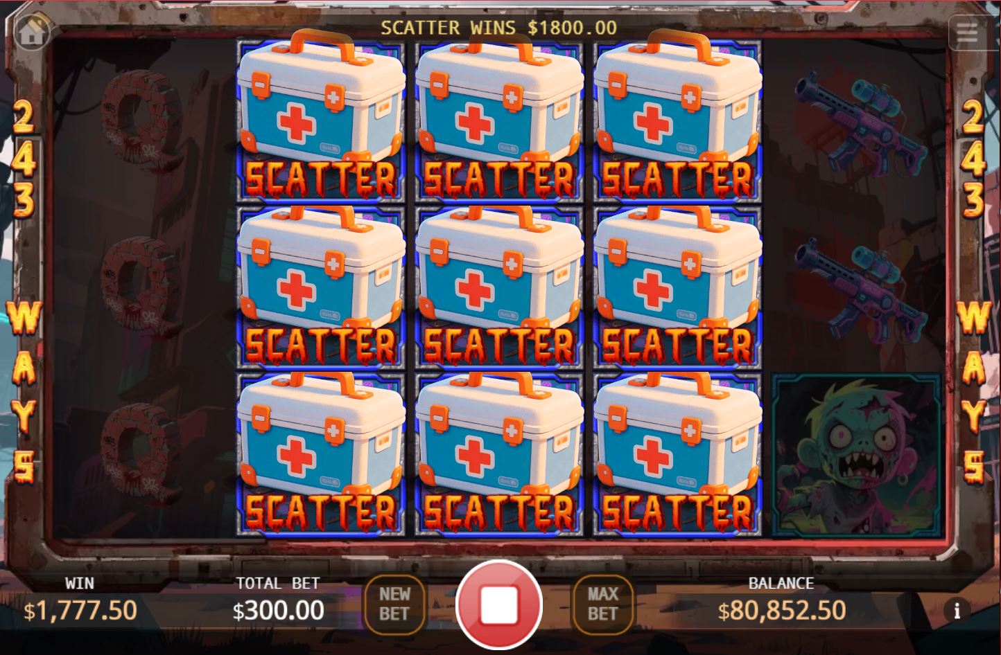 The reels of the Zombie Siege slot showing a near-miss for the Free Game feature with multiple scatter symbols.