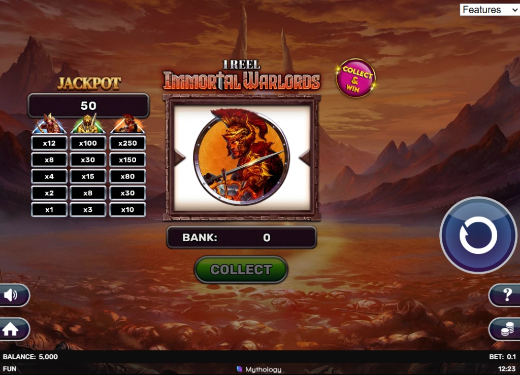 Main interface of 1 Reel Immortal Warlords slot by Spinomenal showing the single reel and three empty progress bars.