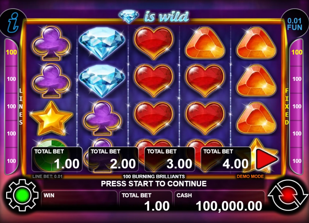 The 5x4 reel layout of the 100 Burning Brilliants slot demo, showing gemstone symbols and 100 paylines.