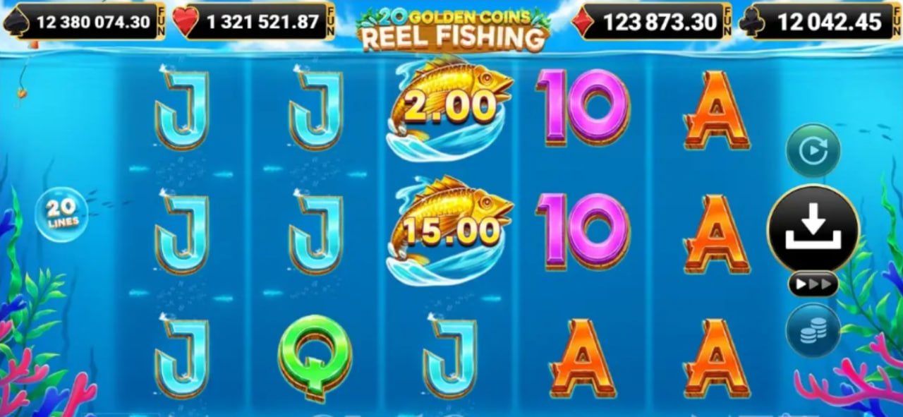 20 Golden Coins Reel Fishing slot base game interface showing 5x3 underwater grid and coral reef background.