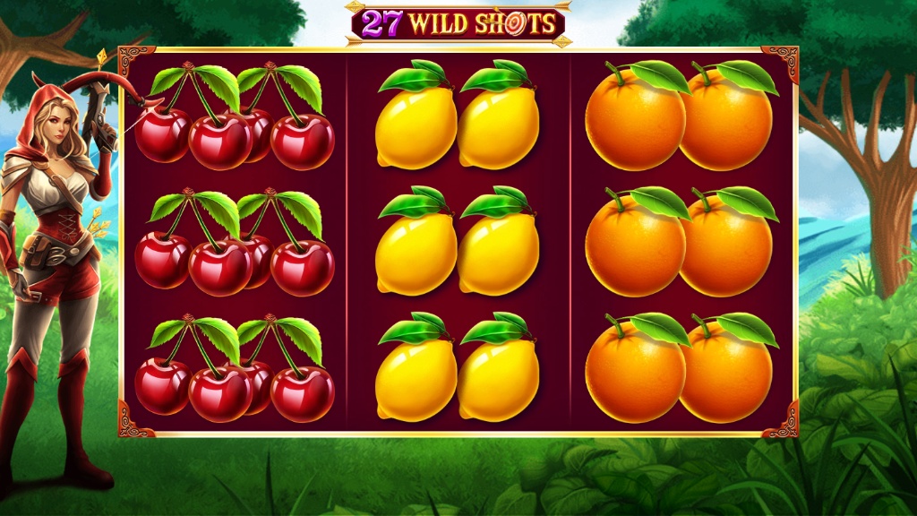 The 3x3 reel layout of the 27 Wild Shots slot by Amusnet, showing various fruit symbols and the archer character.