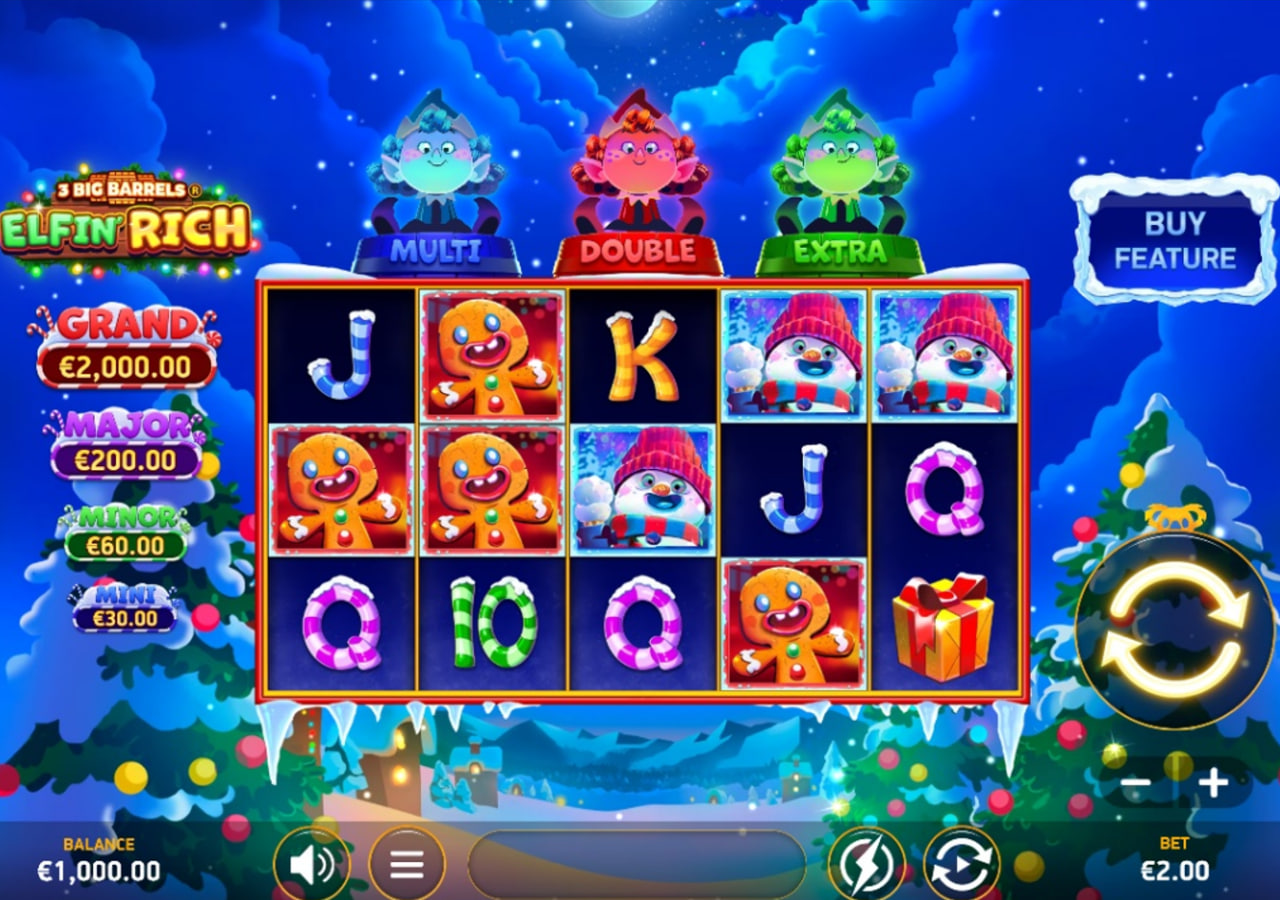 3 Big Barrels Elfin' Rich slot base game interface with Santa Wilds and Elf Bonus barrels on a 5x3 grid.