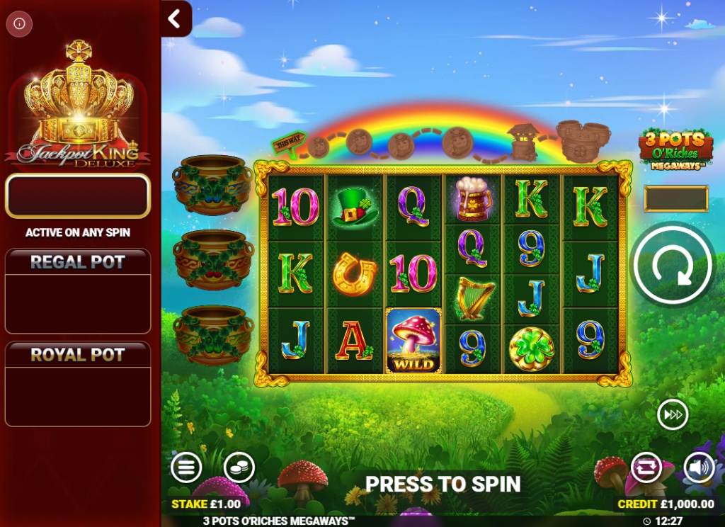 The main game grid of 3 Pots O'Riches Megaways, showing the Irish theme and Megaways reels.