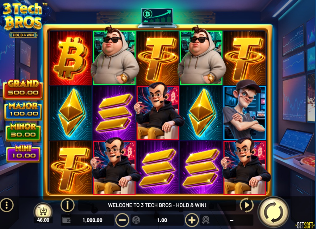The main 5x3 reel layout of the 3 Tech Bros slot demo, showing the crypto-themed symbols and character icons.