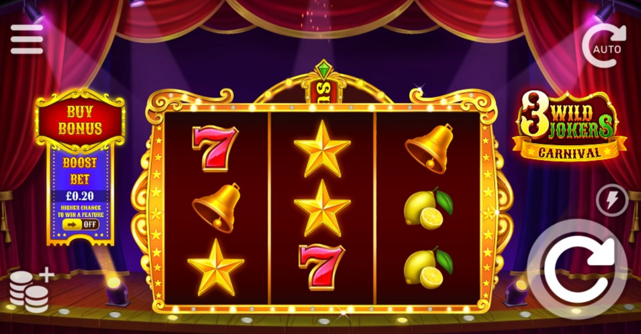 The 3x3 reel layout of the 3 Wild Jokers Carnival slot, showing classic fruit and 7 symbols.