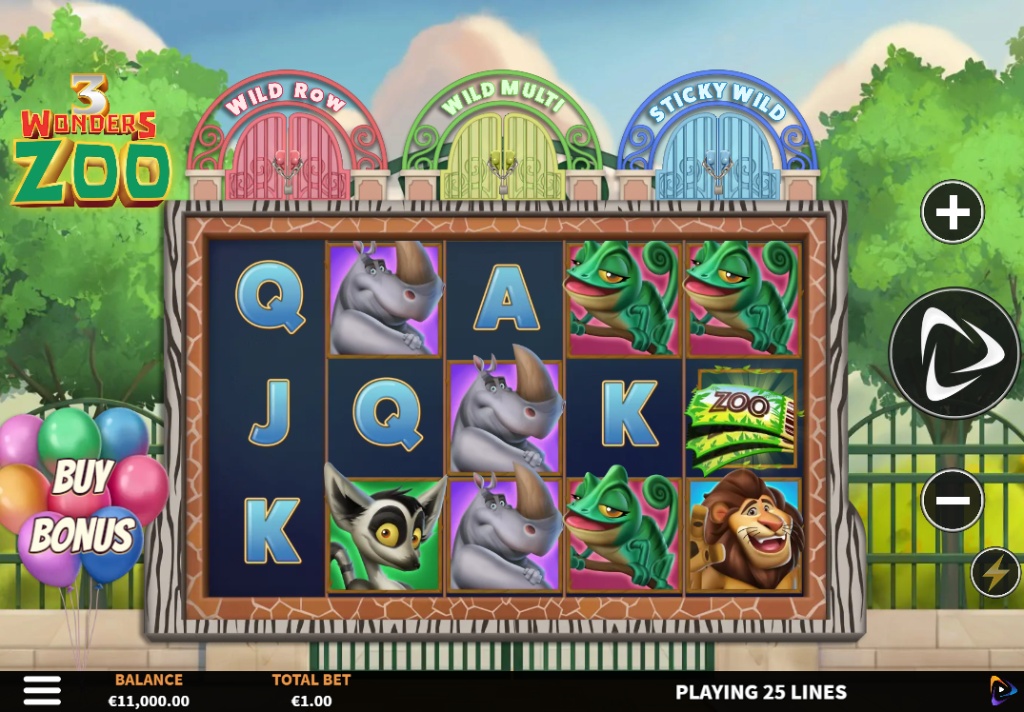 The main 5x3 game screen of the 3 Wonders Zoo slot, showing the animal symbols and the three "Wonder" gates above the reels.