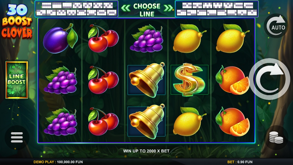 30 Boost Clover slot base game screen showing the 5x3 fruit symbols and 30 paylines.