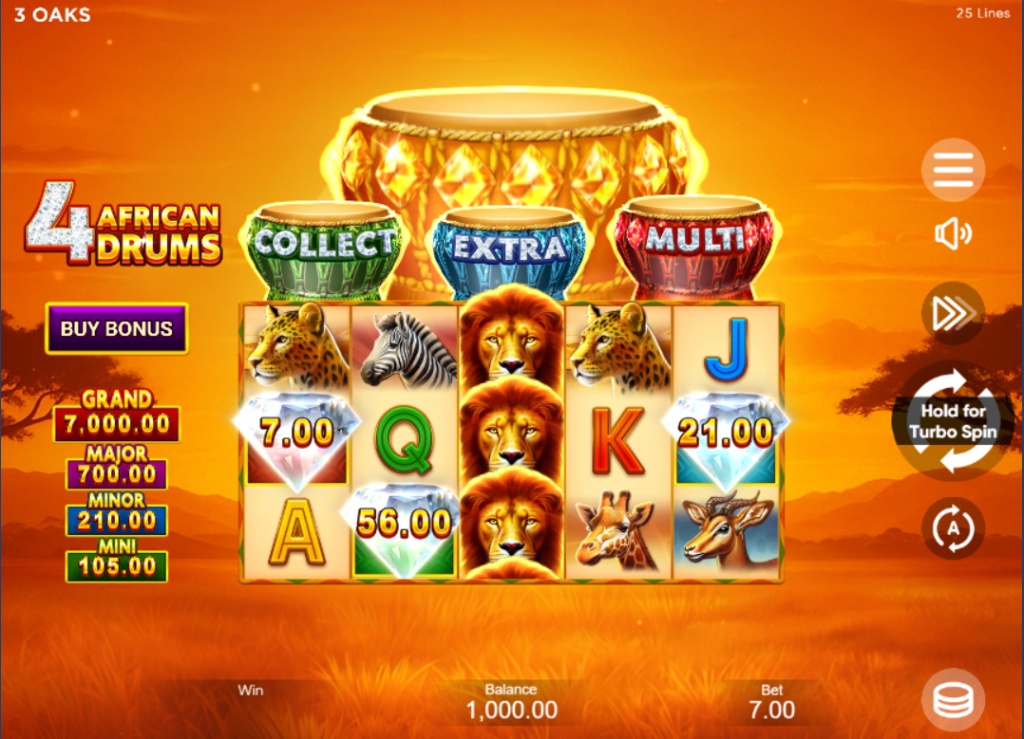 The 5x3 base game reel layout of the 4 African Drums slot, showing safari animal symbols and the four jackpot levels.