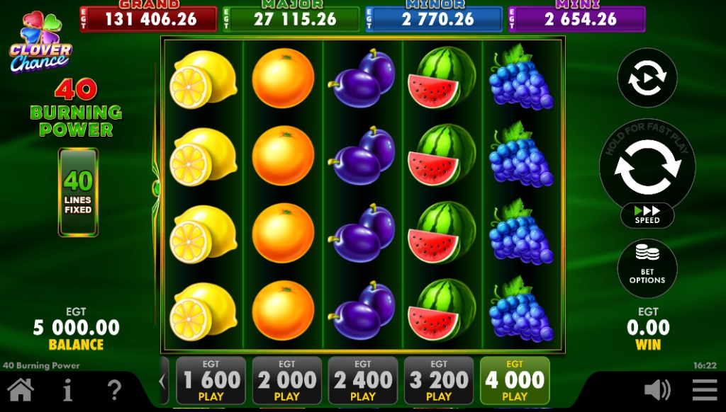 The 5x4 reel grid of the 40 Burning Power slot, showing classic fruit symbols and the 40 fixed paylines.